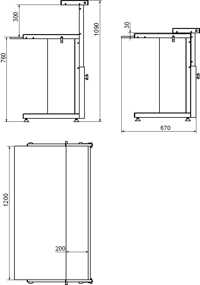 Габаритные размеры стола лабораторного с бортиком и регулируемой по высоте полкой СУБ-6п