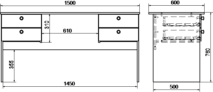 Габаритные размеры. Стол письменный двехтумбовый с ящиками